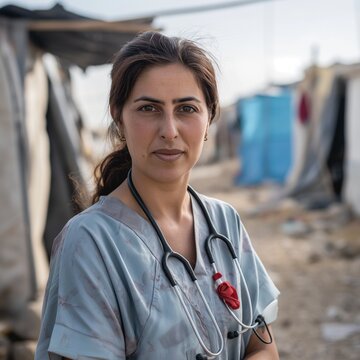 A Dedicated MSF Nurse in the destroyed city.  Scene of the city after a natural disaster, Earthquake concept