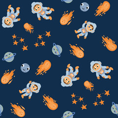Space seamless pattern. Astronauts, planets, constellation, comet. Endless textures for your design.