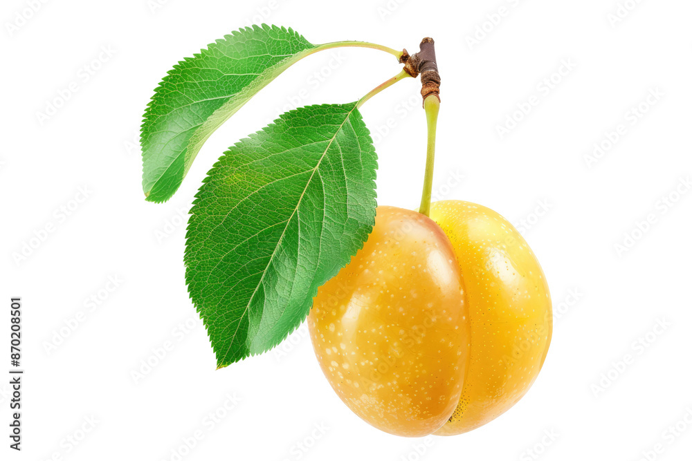 Poster Ripe yellow plum with green leaves isolated on transparent background