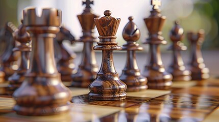 An artistic composition of chess pieces in mid-game, capturing the tension and strategy involved, set against a neutral background.