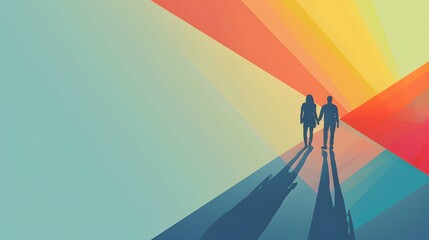 Fototapeta premium A couple walking in a rainbow colored tunnel