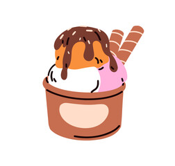 Ice cream scoops in paper cup. Sweet frozen dessert, summer treat. Icecream, milk dairy creamy delicious balls with syrup and waffle sticks. Flat vector illustration isolated on white background