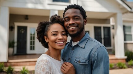 Obraz premium Happy young married black african american couple standing in front of their new house, concept of real estate, house sale buying