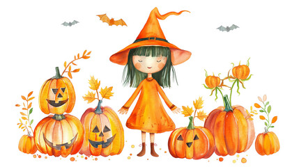 Watercolor Enchanting Girl in Orange Witch Costume with Pumpkins KAWAII isolated on a transparent background