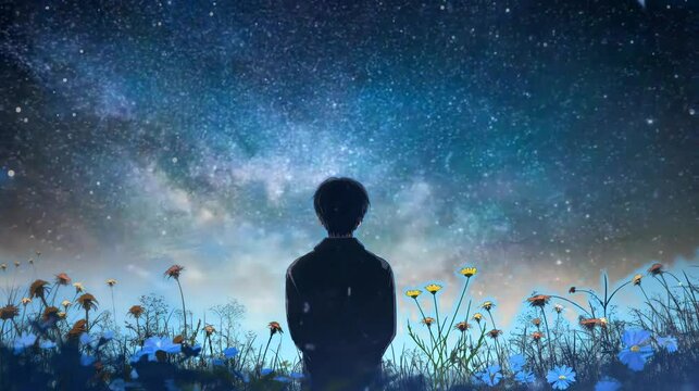 A man surrounded by wildflowers under starlit sky. Anime or digital painting style, looping 4k video animation background