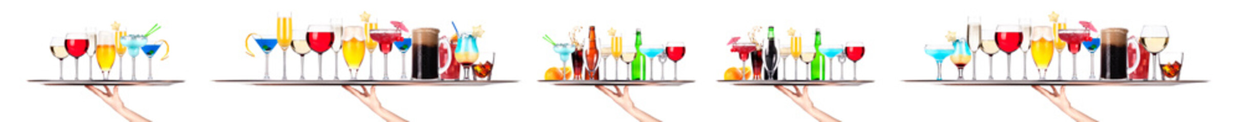 Hand holding tray with different alcohol cocktails isolated on white background