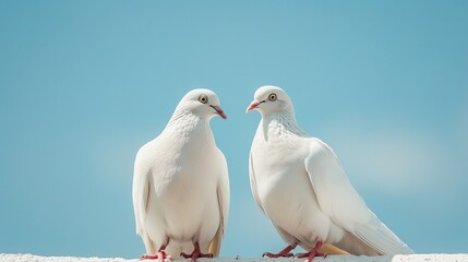 Two White Pigeons Soaring in Clear Blue Sky, Symbolic and Serene Scene