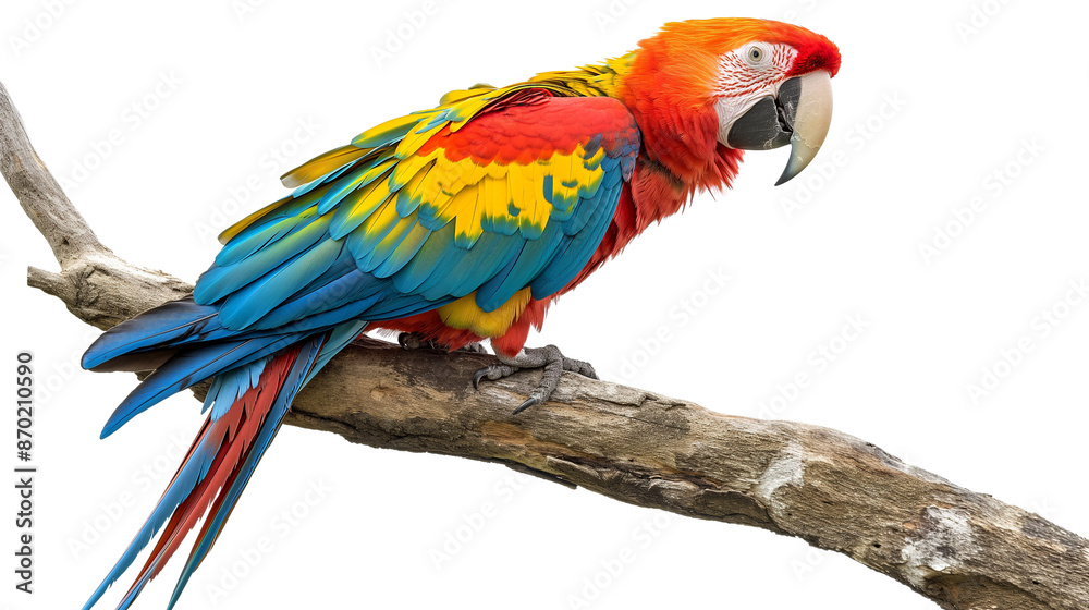 Wall mural A colorful parrot is perched on a branch isolated on a transparent background