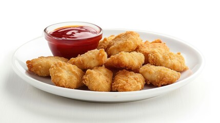 Front View Of Chicken Nuggets With Chili Sauce On A White Plate, Isolated On White Background