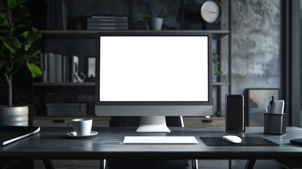 Fototapeta premium Mockup computer monitor. There is a computer monitor, a cup of coffee, a keyboard, a mouse and a mobile phone on the desk