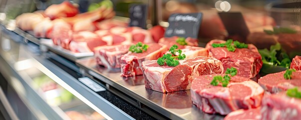 Fresh Raw Steaks in a Meat Counter.