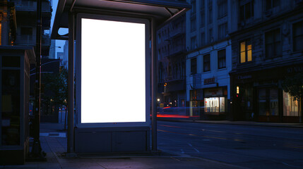 A night mockup for advertising at a bus stop. At night, there is a large white billboard on a city street.  It is quiet and peaceful around