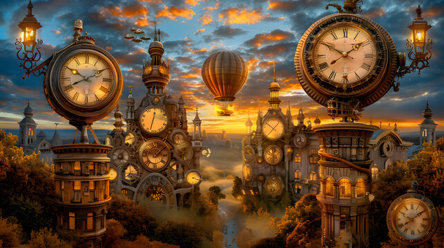 A bustling cityscape with towering clock towers