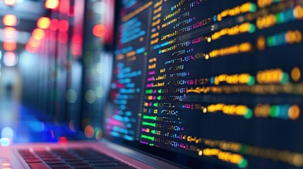 Obraz premium Cutting-Edge Data Center: Laptop Screen Featuring Cloud Service Code