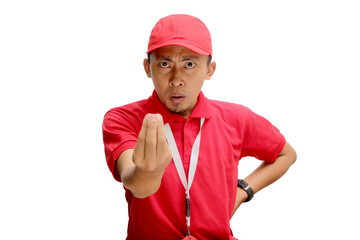Unhappy Asian delivery man displays a pinched fingers gesture, known as the Italian hand gesture or...