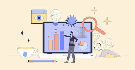 Data visualization with graphs and diagrams tiny person neubrutalism concept. Information representation with visual charts for easy analytics and research vector illustration. Digital dashboard.