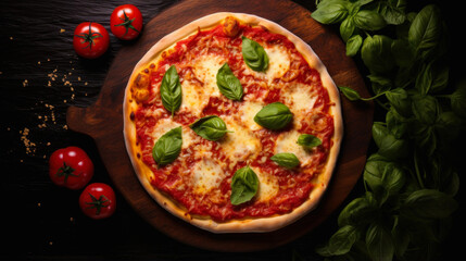 Delicious aromatic pizza with gooey cheese, salami, pepperoni, and basil, next to the ingredients on a dark table surface.