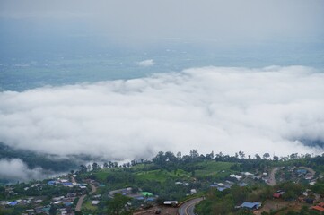View from the mountain, sea of ​​mist in nature and village