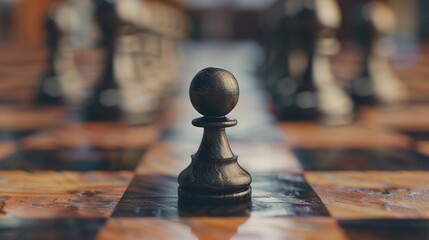 A close-up shot of a black pawn on a chessboard, symbolizing the humble beginnings and strategic potential of each piece.
