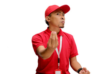 Annoyed Asian delivery man or courier gesturing with a typical Italian hand gesture, expressing...