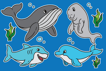 set of sea mammals good for sticker, poster, kids education