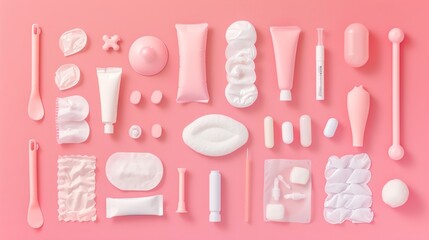 A collection of different menstrual products (pads, tampons, menstrual cups) laid out neatly with a solid pink background.