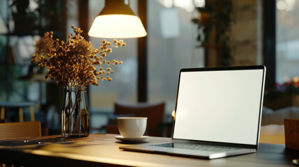 A mockup of a modern laptop in a stylish restaurant. On the table in the cafe there is an open laptop, a vase with dried flowers and a cup of coffee