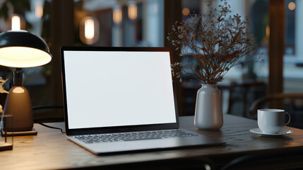 There is an open laptop on the table, a lamp, a vase of flowers and a cup of coffee. Mockup of a white laptop screen for website advertising. The action takes place in a dimly lit room