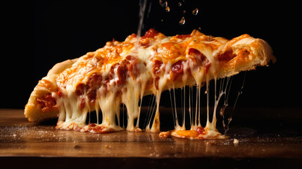 A piece of delicious aromatic pizza with gooey cheese, salami, pepperoni, and basil, next to the ingredients on a dark table surface.