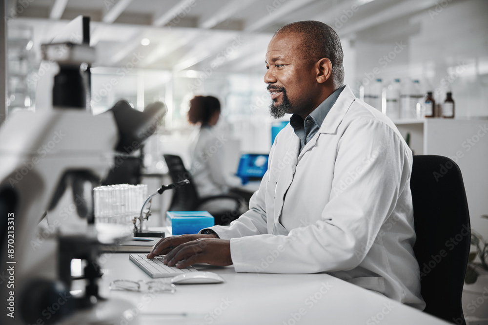 Aufkleber Science, lab and research with black man and computer for microscope data analysis and report. Working, scientist and medical journal study with technology and professional with healthcare article