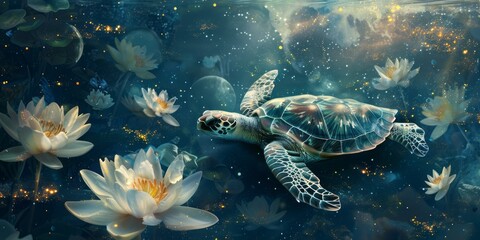 Obraz premium Dreamlike Sea Turtle Journey in Enchanted Night Water Garden with Floating Water Lilies