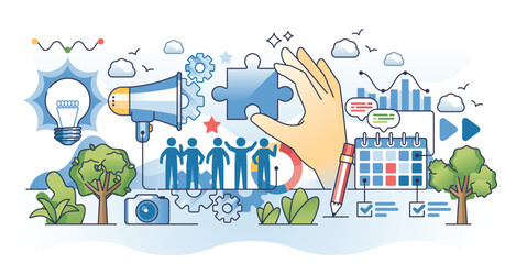 Marketing teamwork for effective advertisement campaign outline hands concept. Team collaboration and creative partnership for business awareness ads or brand advertising strategy vector illustration