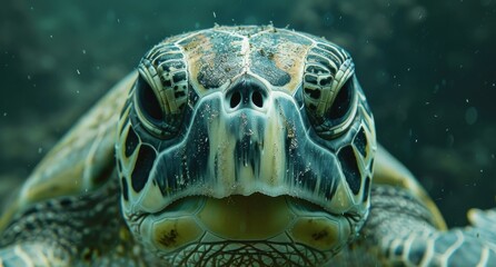 Sea Turtle Close-Up Underwater Portrait Showing Shell Detail and Eye