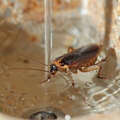 Fototapeta premium Secretive Cockroach Hideout: Pest Infestation in Dark Kitchen Sink - Isolated on White Background for Copy Space Concept.