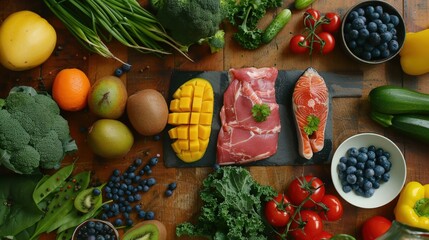 Balanced Diet Flat Lay on Wooden Table