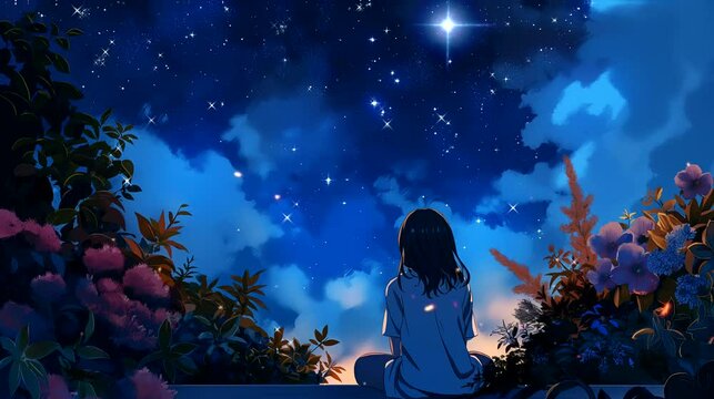 A girl gazing at the starry expanse on a rooftop garden. Anime or digital painting style, looping 4k video animation background