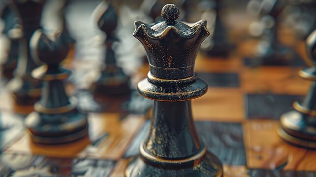 A detailed close-up of a black rook on a chessboard, showcasing its solid and imposing presence among other pieces.