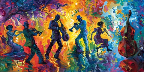 Naklejka premium Colorful Jazz Band Performing in Abstract Vibrant Setting