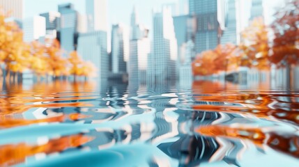 Autumnal scene with rippling water, reflecting skyscrapers, vibrant fall foliage, and a futuristic digital twist