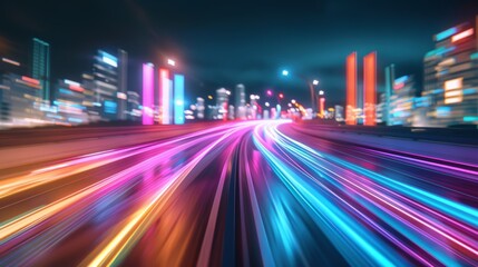 Dynamic futuristic cityscape featuring vibrant rainbow hues, illuminated buildings, and a flowing road in a stunning urban environment