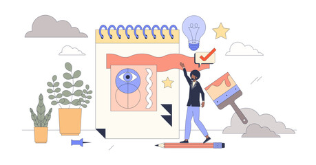 Creative design drawing for visual project tiny person neubrutalism concept, transparent background. Artistic communication style using geometric abstract figures and shapes illustration.