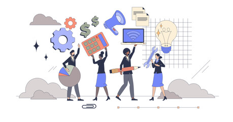 Cross functional teams collaboration tiny person neubrutalism concept, transparent background.Partnership, teamwork for effective project development illustration.