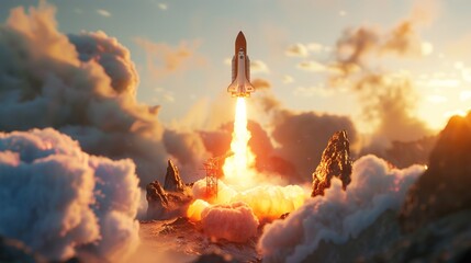 A digitally created scene of a toy rocket launch from a futuristic launch pad, with smoke and flames billowing underneath.