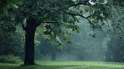 Fototapeta premium The feeling of sheltering under a large tree during a sudden downpour, listening to the rain hitting the leaves above, is both comforting and exhilarating.