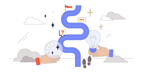 Intuition or future vision with predictions tiny person neubrutalism concept, transparent background. Business strategy planning and businessman ability to predict right decisions illustration.