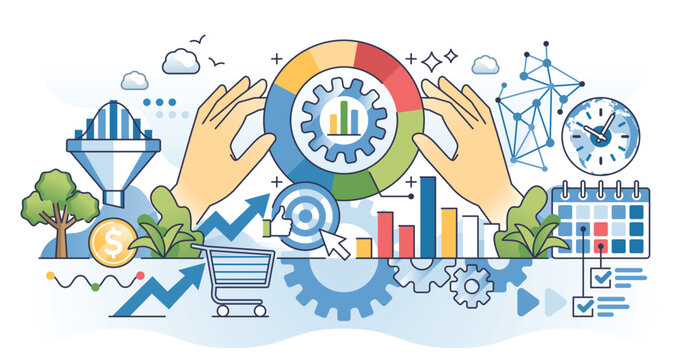 Referral marketing strategy as effective advertisement outline hands concept. Customer loyalty from targeted audience ads with product offers vector illustration. Promotion planning for business.