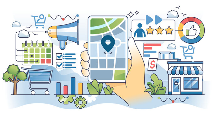 Local digital marketing strategies with store ads outline hands concept, transparent background. Commerce strategy with GPS location advertisements and special offers.