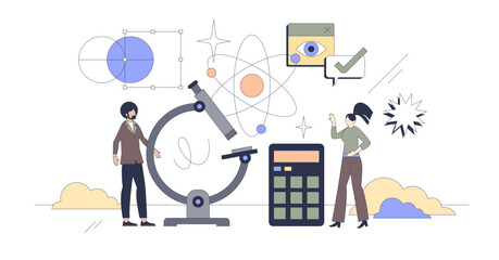 STEM learning kit for scientific education tiny person neubrutalism concept, transparent background. Science, Technology, Engineering, and Mathematics combination.