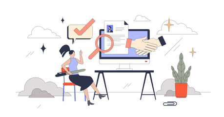 Talent acquisition software as HR automation tiny person neubrutalism concept, transparent background. Human resources work.