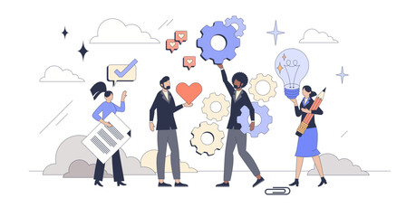 Team dynamics for business project agility tiny person neubrutalism concept, transparent background.Employee group work with innovative and creative solutions illustration.